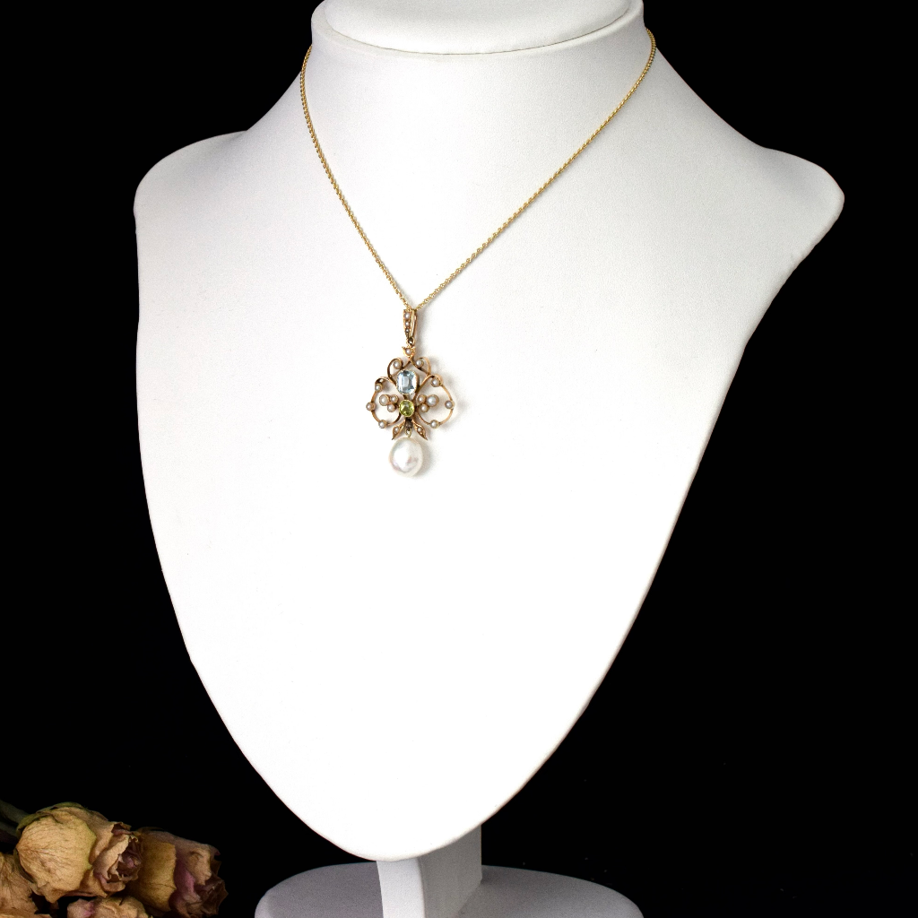 Antique Edwardian 15ct Rose Gold Aquamarine, Peridot And Pearl Pendant Circa 1910