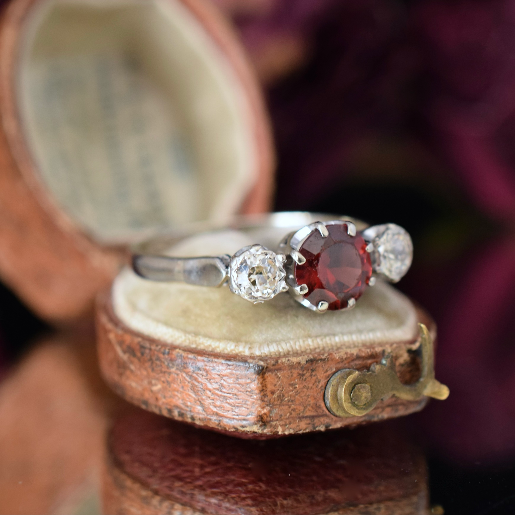 Antique/Vintage 18ct White Gold Garnet And Diamond Trilogy Ring