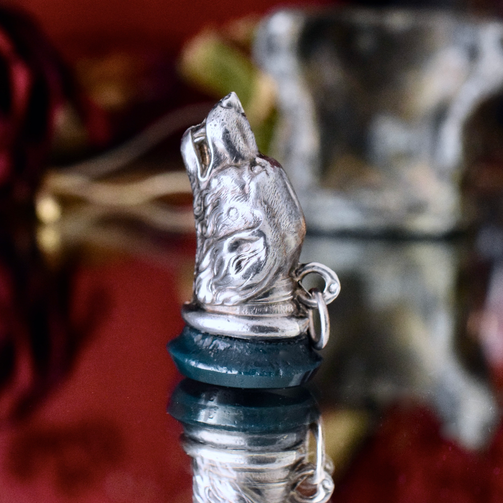 Antique Edwardian Sterling Silver Hounds Head Fob Charm Circa 1900