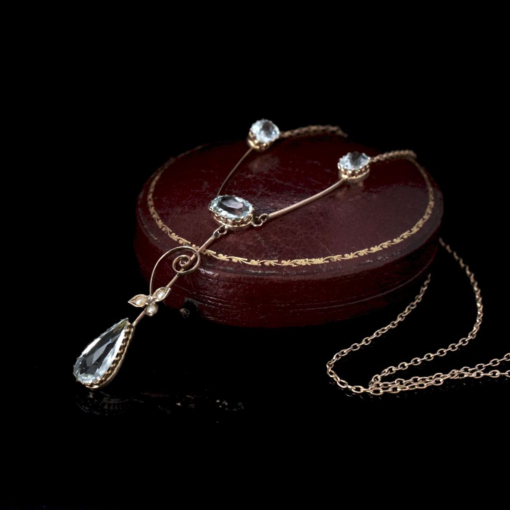Antique Australian 9ct Rose Gold Aquamarine Seed Pearl Lavaliere By Willis And Sons Circa 1910