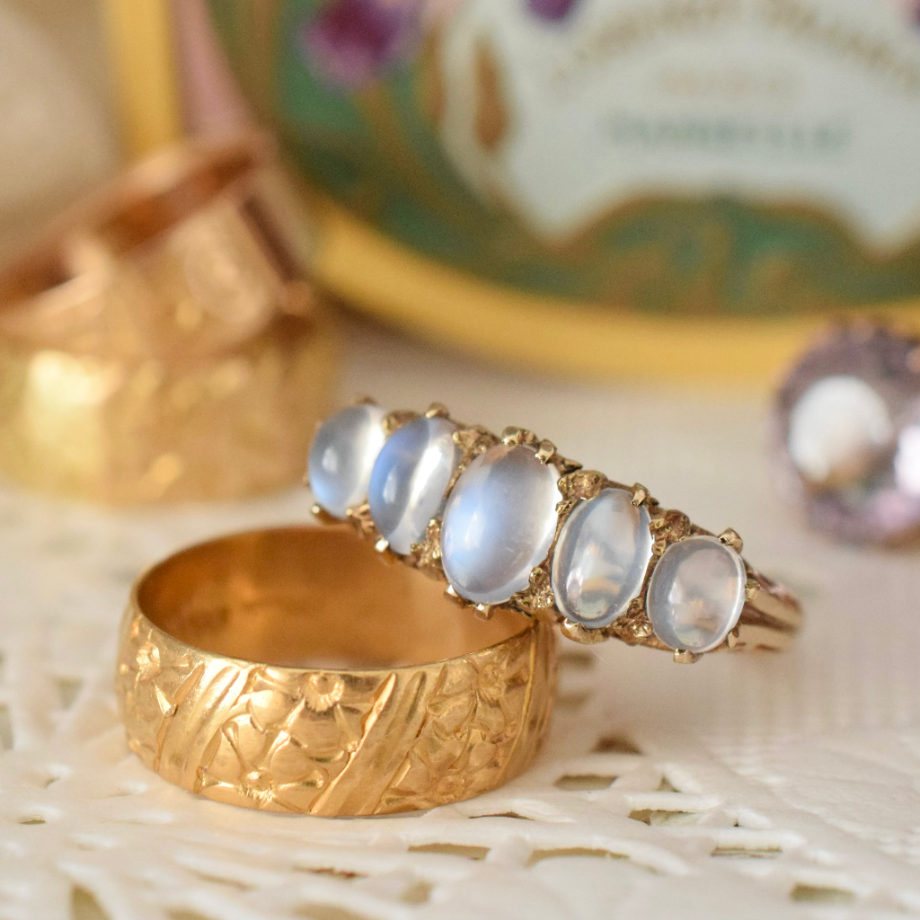 Vintage 9ct Yellow Gold Five Stone Half Hoop Moonstone Ring London 1973