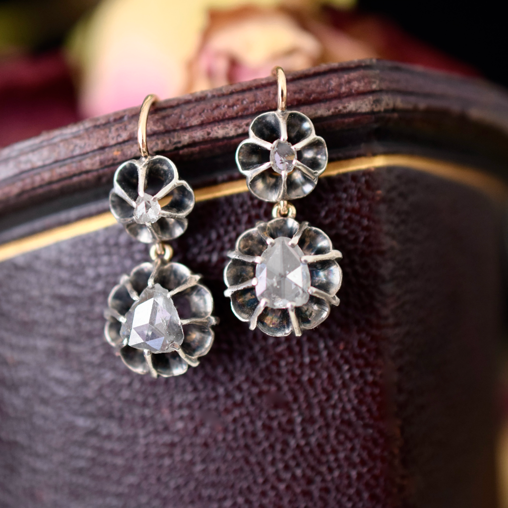 Antique Victorian 15ct And Silver Rose Cut Diamond Earrings Circa 1885
