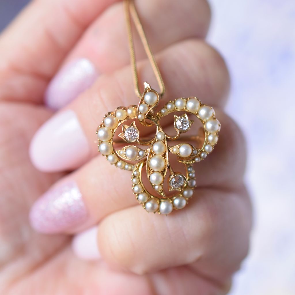 Antique 18ct Yellow Gold Pearl And Diamond Pendant / Brooch Circa 1905 (Independent Valuation Included In Purchase For - $3800)