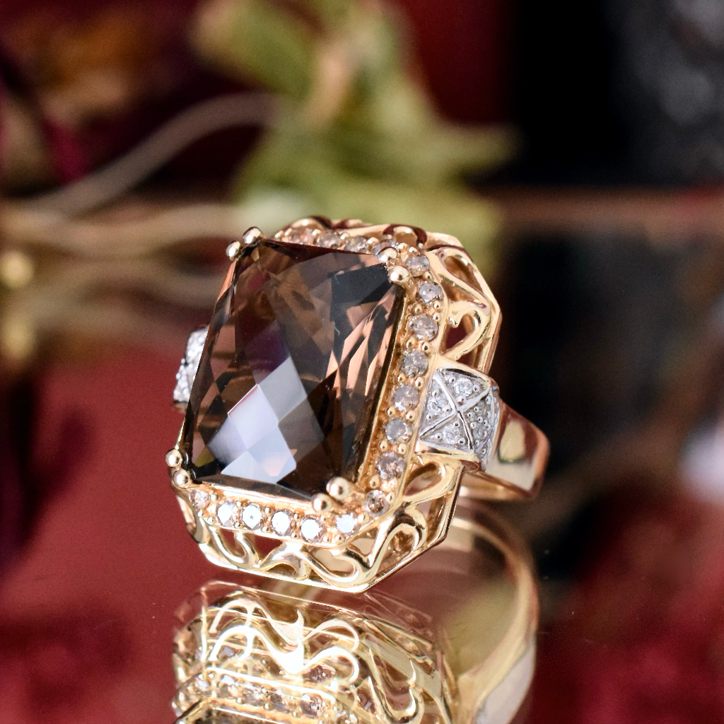 Impressive 14ct Yellow Gold Smoky Quartz, Champagne And White Diamond Ring