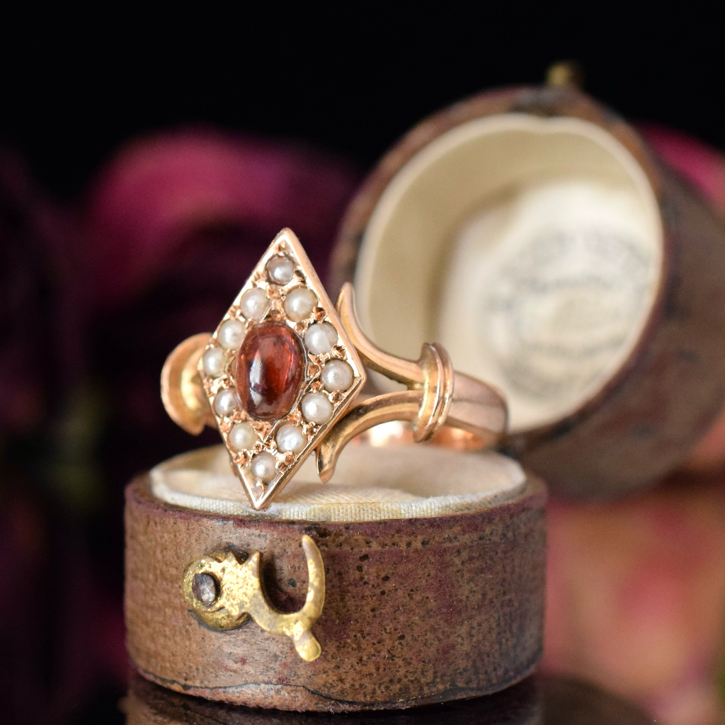 Antique Australian 15ct Rose Gold ’Navette’ Garnet Pearl Ring By Mackay & Co Circa 1905