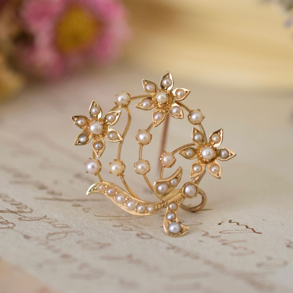 Antique Australian 15ct Yellow Gold Floral Seed Pearl Pendant/Brooch By Willis And Sons