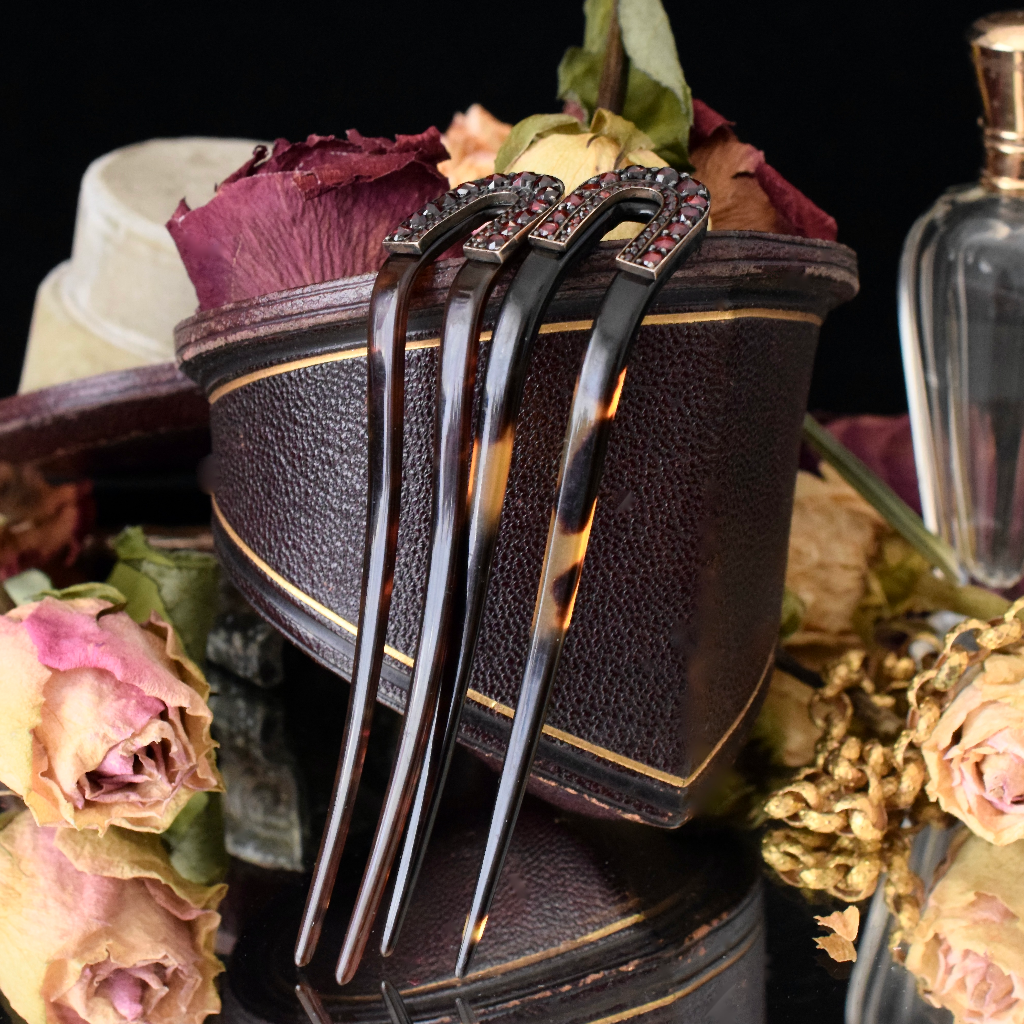 Antique Victorian Pair Of Tortoiseshell Bohemian Garnet Hair Combs/Forks