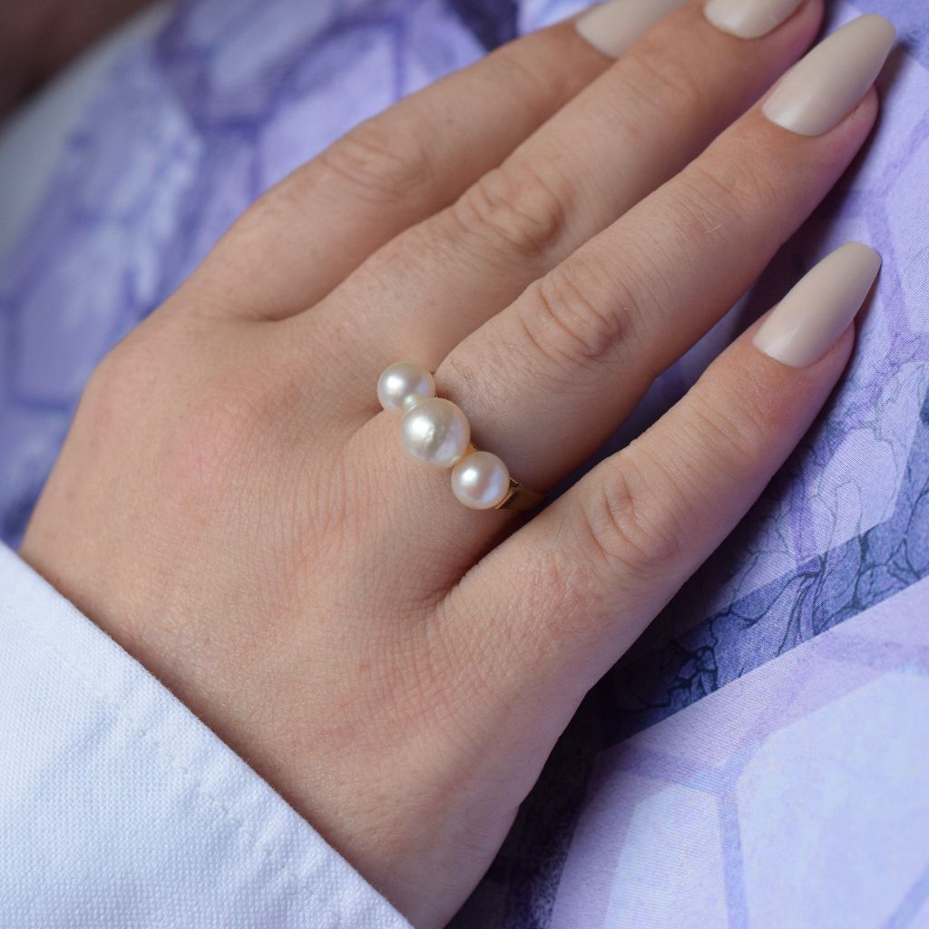 Vintage 14ct Yellow Gold Cultured Pearl Trilogy Ring
