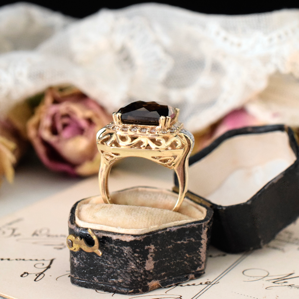 Impressive 14ct Yellow Gold Smoky Quartz, Champagne And White Diamond Ring
