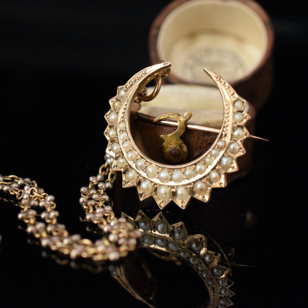 Antique Australian 9ct Rose Gold Seed Pearl Crescent Moon Pendant/Brooch Circa 1900
