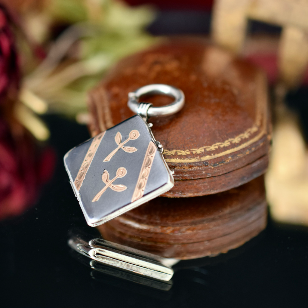 Antique Victorian Niello And Rose Gold Gilt Square Locket Pendant Circa 1900