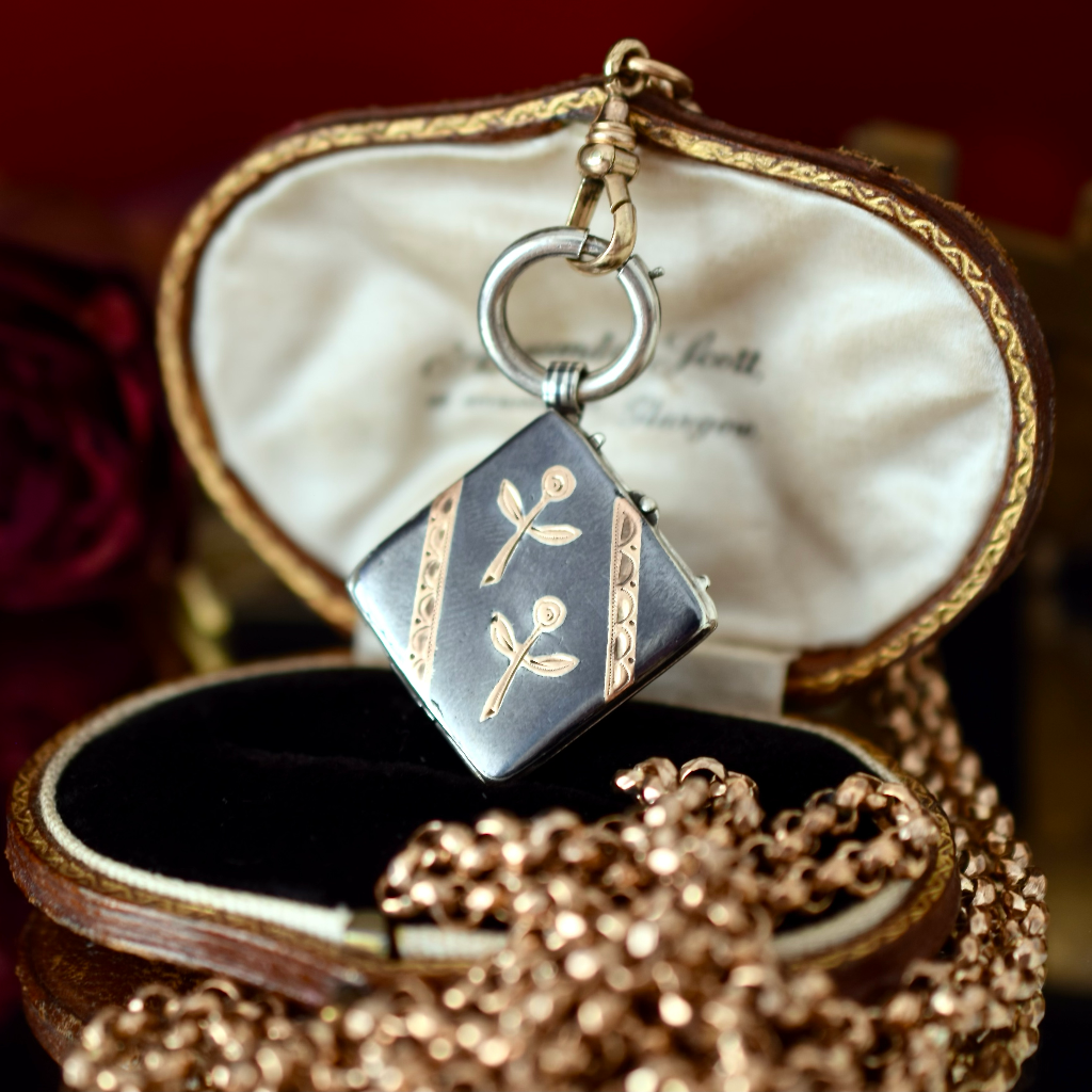 Antique Victorian Niello And Rose Gold Gilt Square Locket Pendant Circa 1900