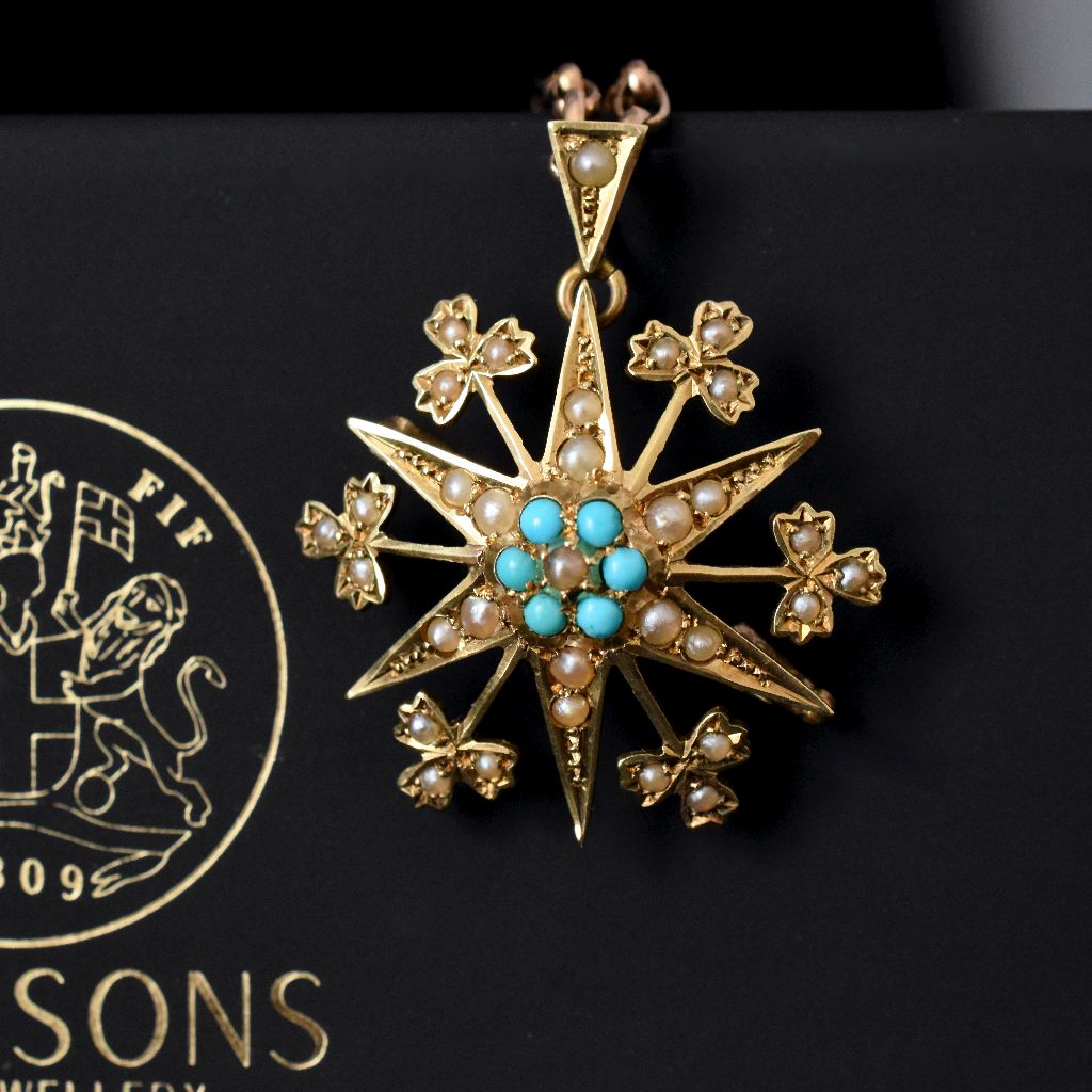 Antique Australian 15ct Yellow Gold Turquoise And Seed Pearl Brooch/Pendant By Johnson And Simonsen Circa 1900