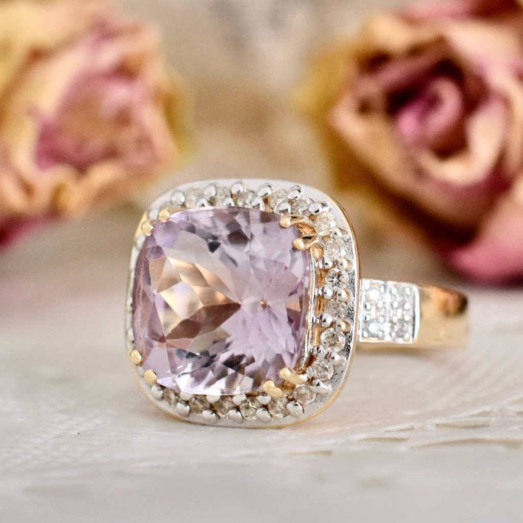 Modern 9ct Yellow Gold Amethyst And Diamond Halo Ring