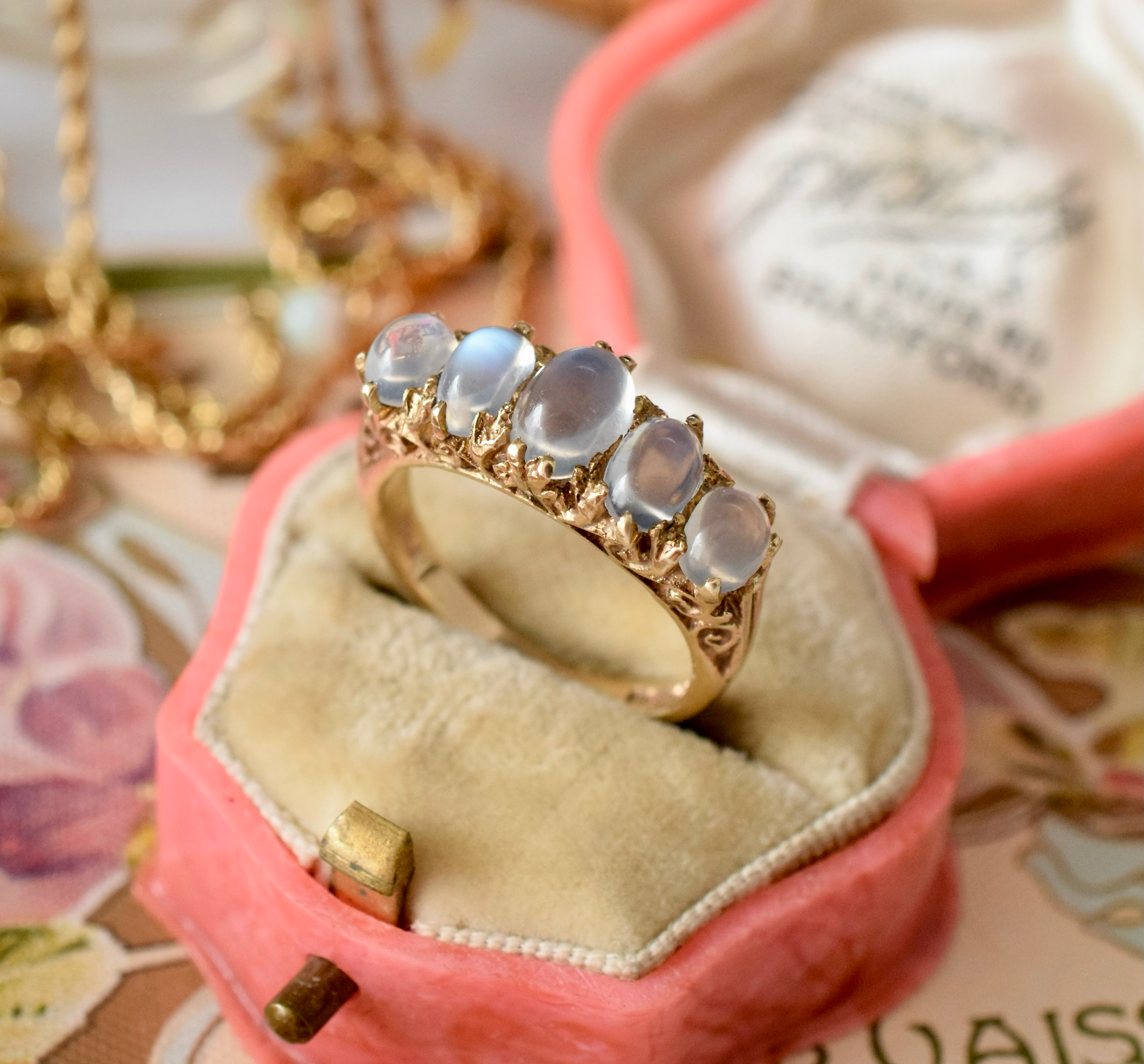 Vintage 9ct Yellow Gold Five Stone Half Hoop Moonstone Ring London 1973