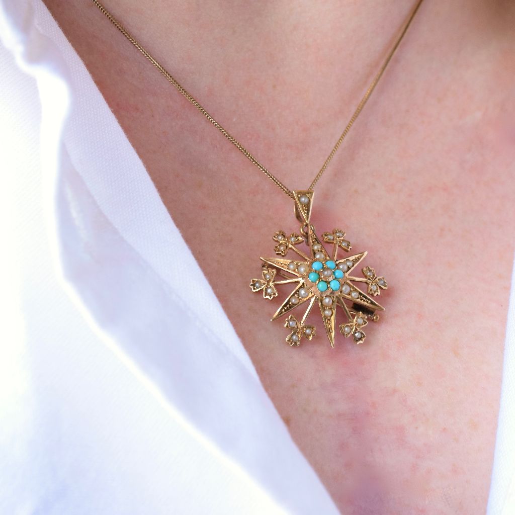 Antique Australian 15ct Yellow Gold Turquoise And Seed Pearl Brooch/Pendant By Johnson And Simonsen Circa 1900