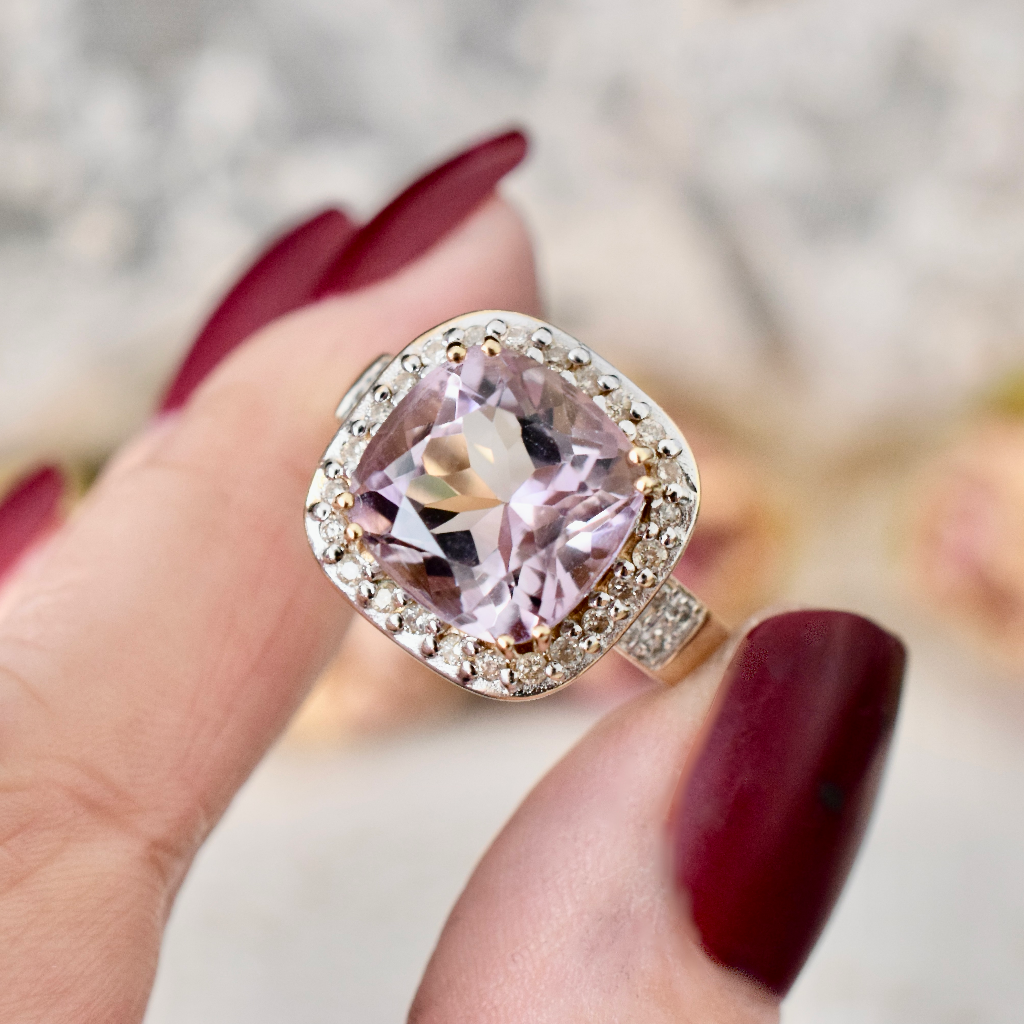 Modern 9ct Yellow Gold Amethyst And Diamond Halo Ring