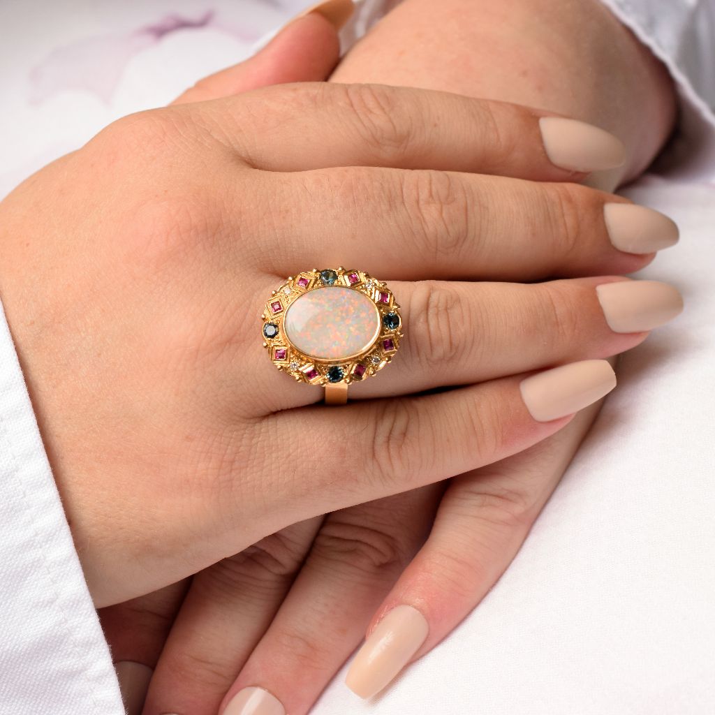 Modern 18ct Yellow Gold Opal, Diamond, Sapphire And Ruby Ring