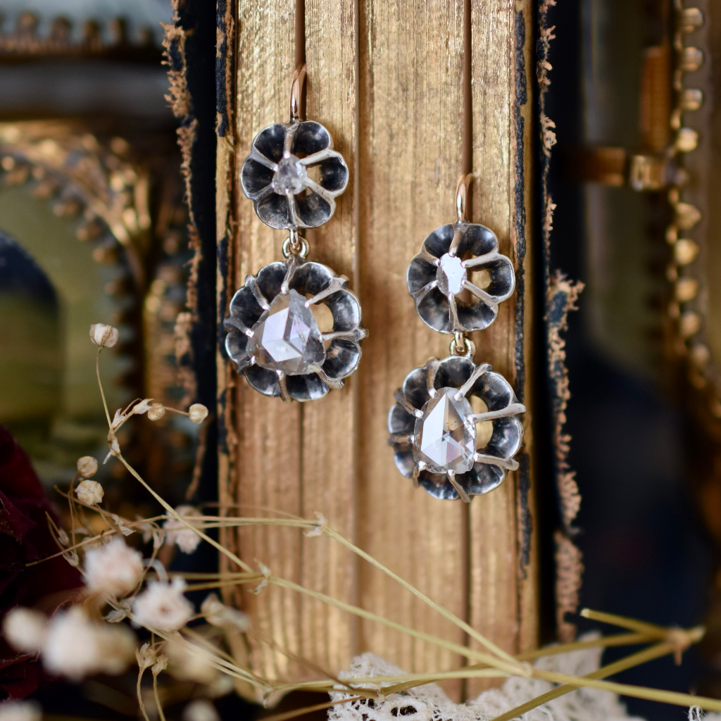 Antique Victorian 15ct And Silver Rose Cut Diamond Earrings Circa 1885