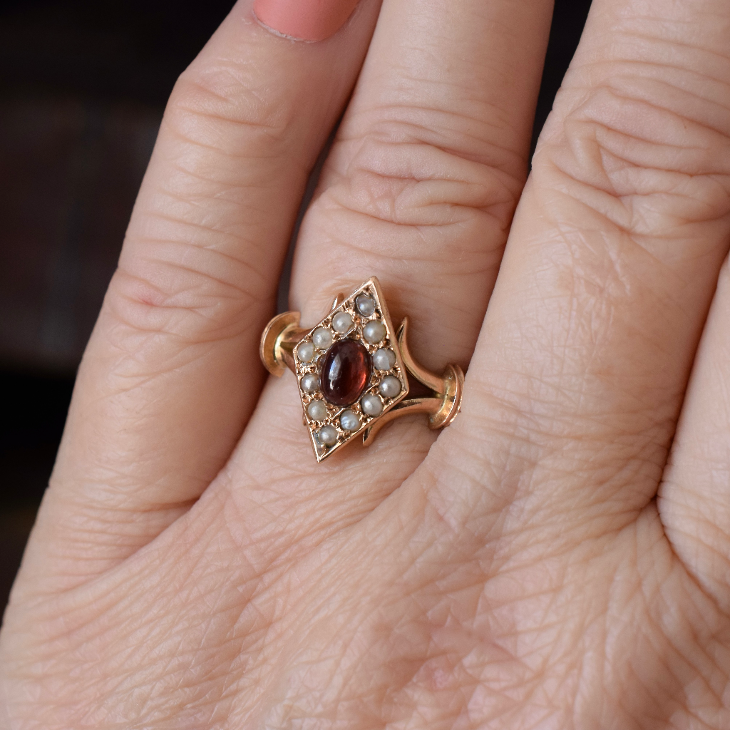 Antique Australian 15ct Rose Gold ’Navette’ Garnet Pearl Ring By Mackay & Co Circa 1905