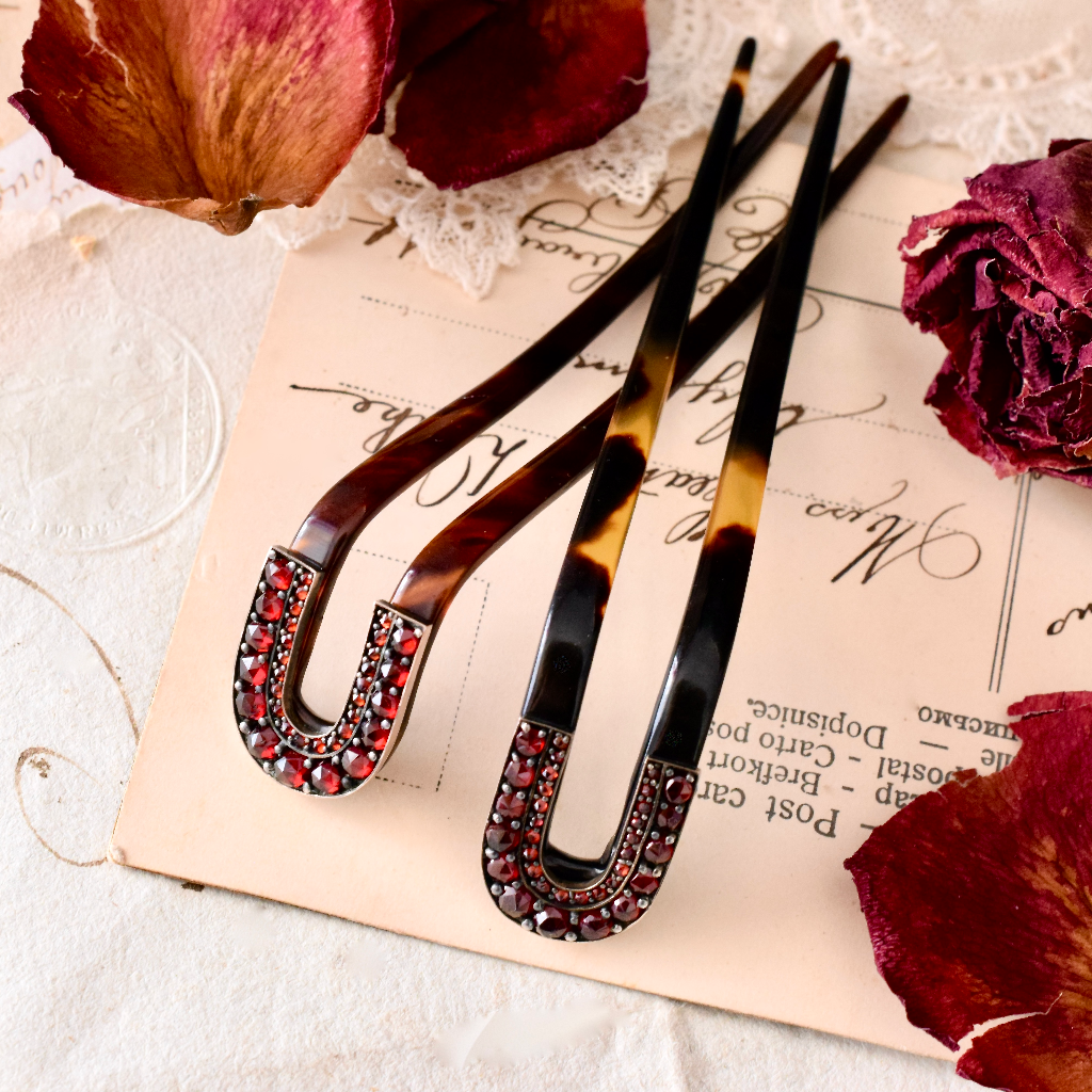 Antique Victorian Pair Of Tortoiseshell Bohemian Garnet Hair Combs/Forks