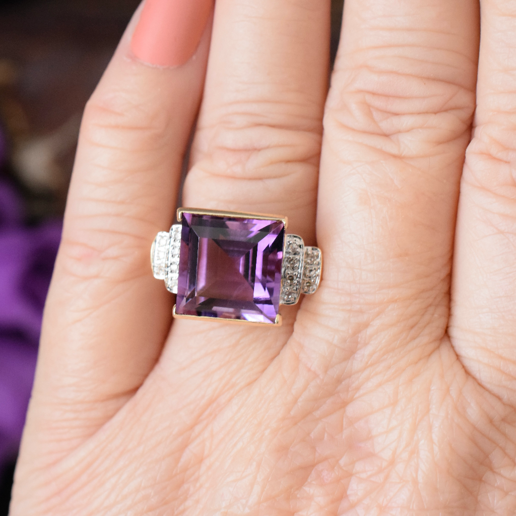 Modern 14ct Yellow Gold Amethyst And Diamond Ring