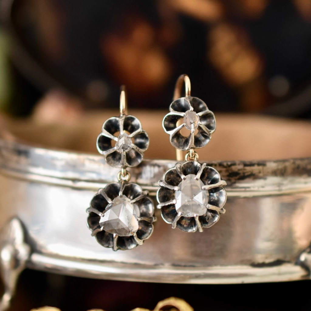Antique Victorian 15ct And Silver Rose Cut Diamond Earrings Circa 1885