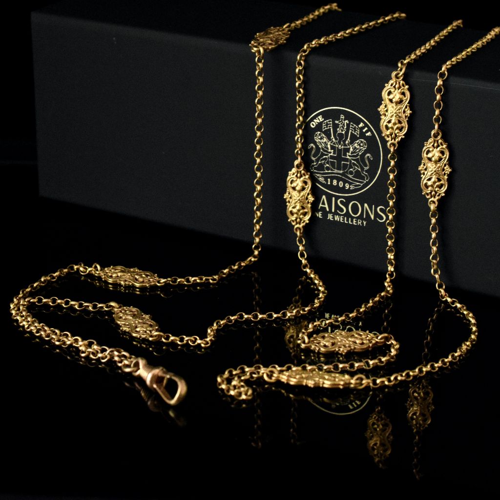 Antique Victorian ‘Pinchbeck’ Fancy Link Long Guard Chain 130cm