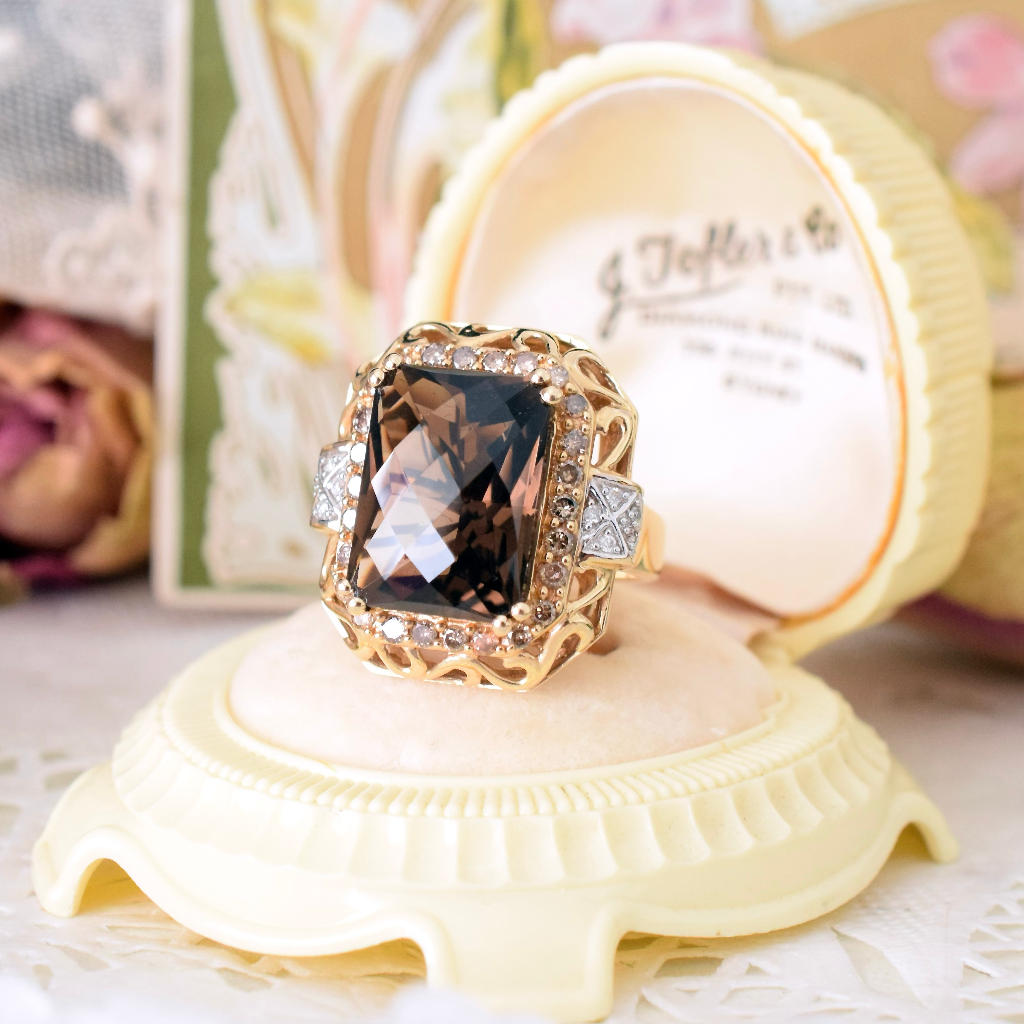 Impressive 14ct Yellow Gold Smoky Quartz, Champagne And White Diamond Ring