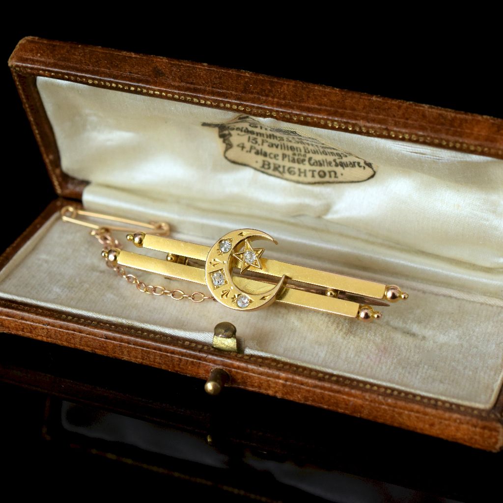 Antique Australian 15ct Yellow Gold Diamond Crescent Moon Bar Brooch Circa 1905