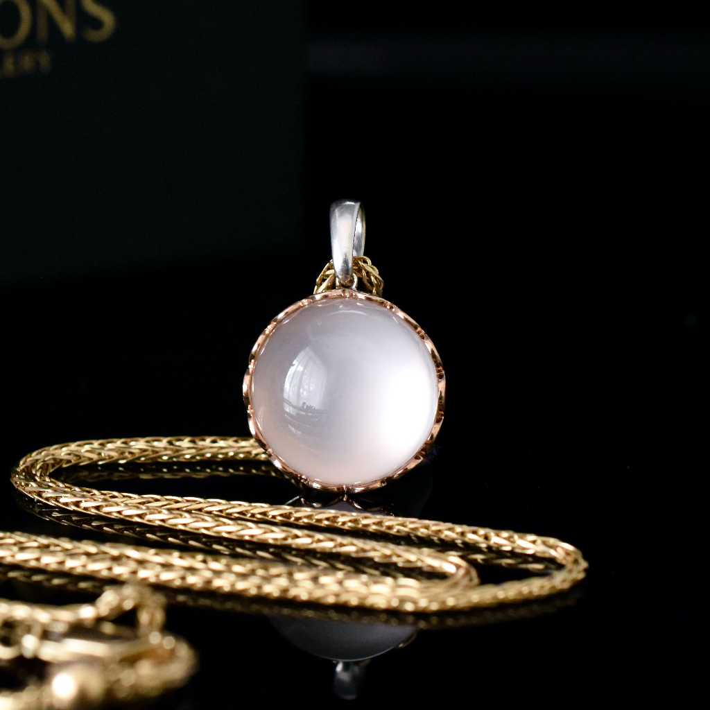 Modern Pink Moonstone 9ct And Sterling Silver Pendant by Hardy Brothers On Italian 9ct Adjustable Chain