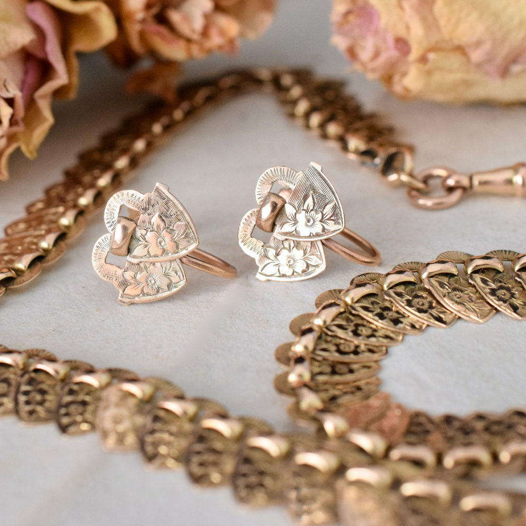 Stunning Vintage 9ct Rose Gold Etched Heart Necklace And Earrings Set Circa 1940