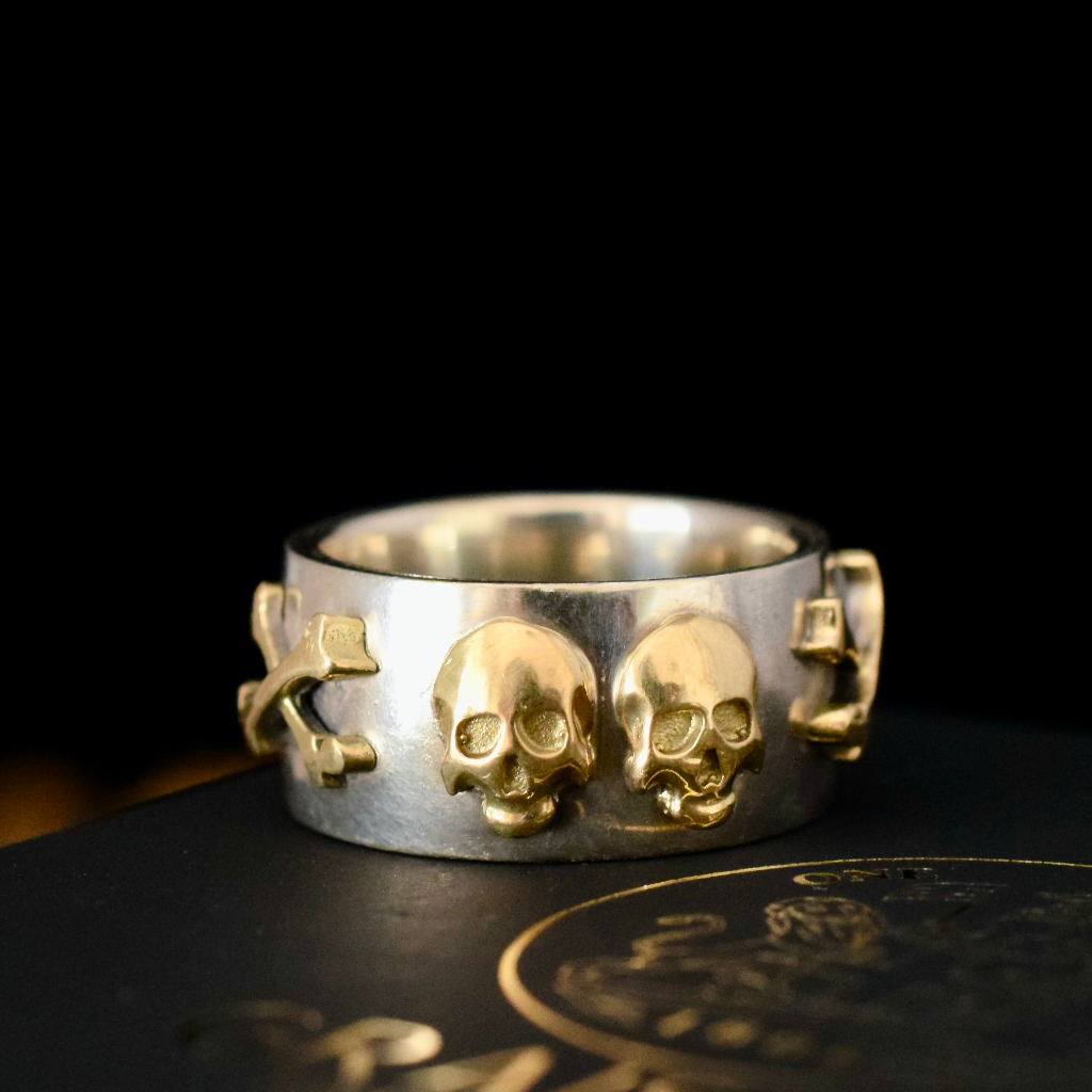 Bespoke 900 Silver And 9ct Yellow Gold ‘Skull & Cross Bones’ Ring
