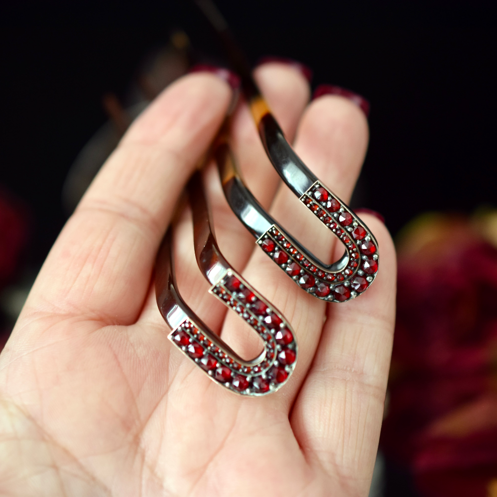 Antique Victorian Pair Of Tortoiseshell Bohemian Garnet Hair Combs/Forks