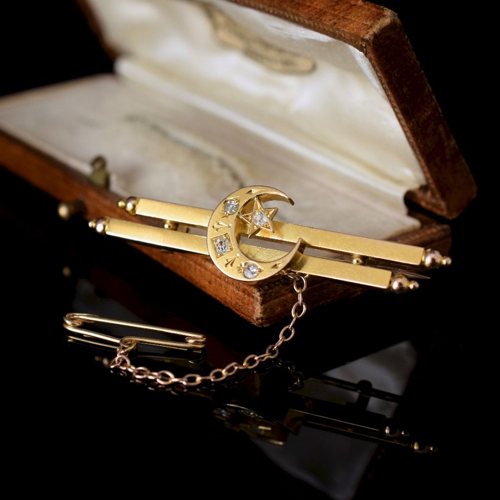 Antique Australian 15ct Yellow Gold Diamond Crescent Moon Bar Brooch Circa 1905