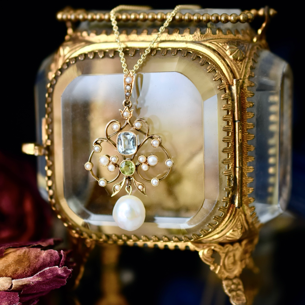 Antique Edwardian 15ct Rose Gold Aquamarine, Peridot And Pearl Pendant Circa 1910