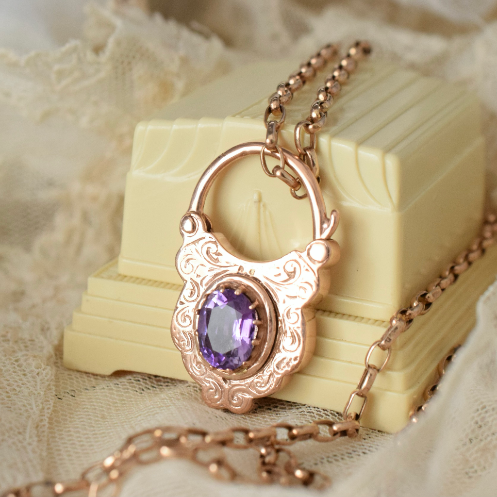 Modern 9ct Rose Gold And Amethyst Padlock Clasp