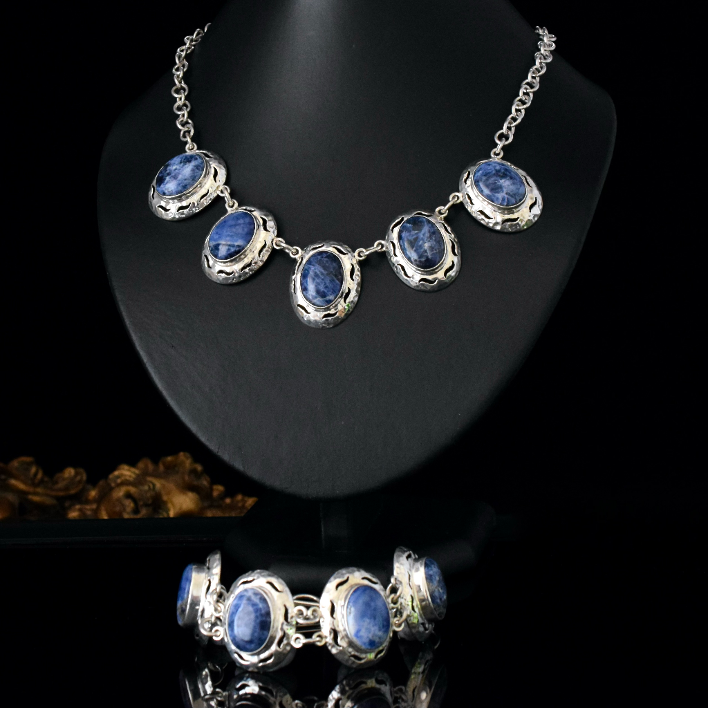 Modern Sterling Silver And Sodalite Matching Necklace And Bracelet Set