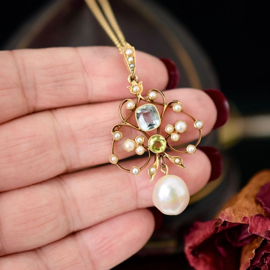Antique Edwardian 15ct Rose Gold Aquamarine, Peridot And Pearl Pendant Circa 1910