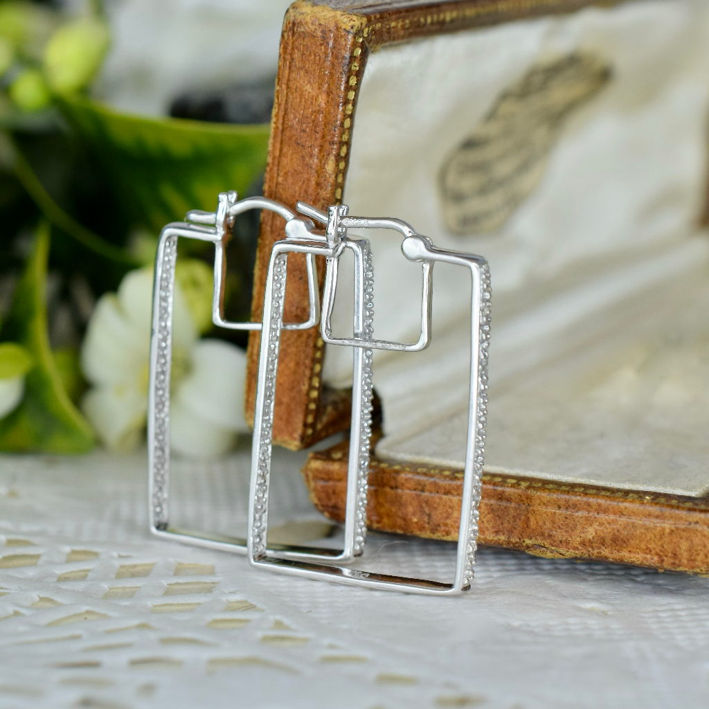 Modern 9ct White Gold And Diamond Rectangular Hoop Earrings