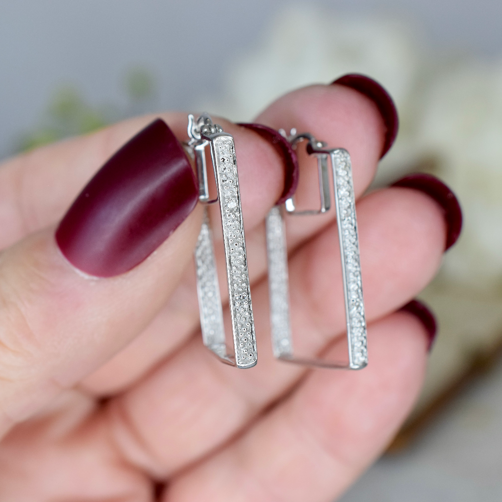 Modern 9ct White Gold And Diamond Rectangular Hoop Earrings