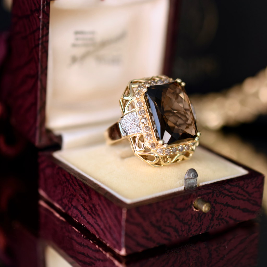 Impressive 14ct Yellow Gold Smoky Quartz, Champagne And White Diamond Ring