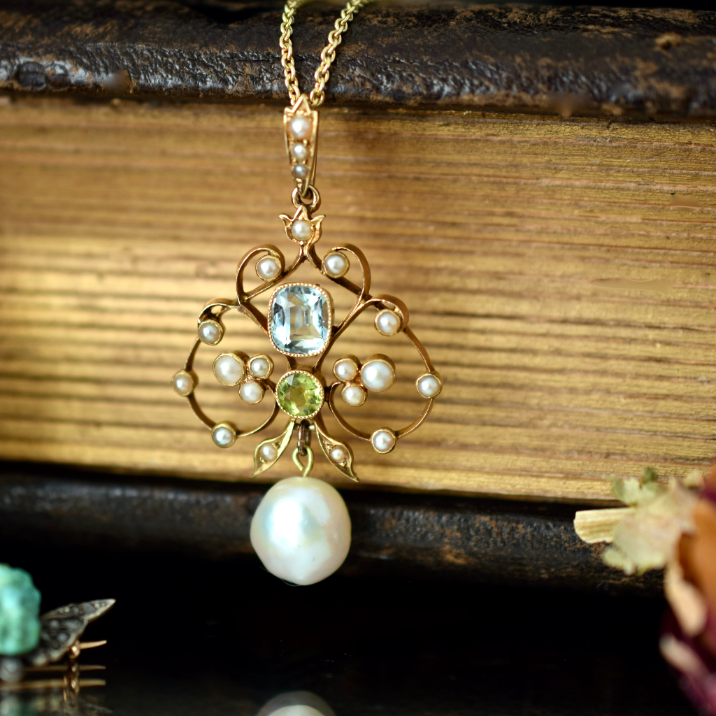 Antique Edwardian 15ct Rose Gold Aquamarine, Peridot And Pearl Pendant Circa 1910
