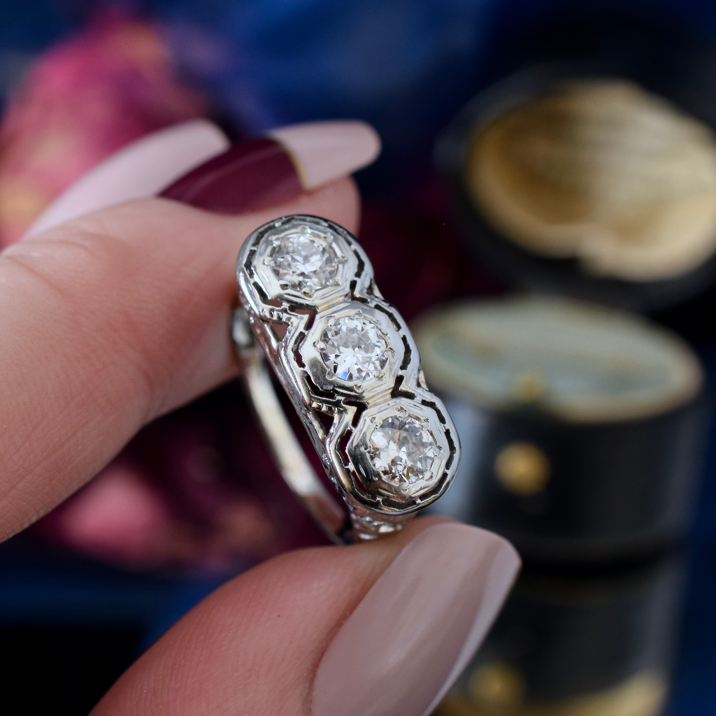 Antique Art Deco 18ct White Gold Diamond Trilogy ring 0.75ct Circa 1925 Independent Valuation Included In Purchase For $5,300 AUD