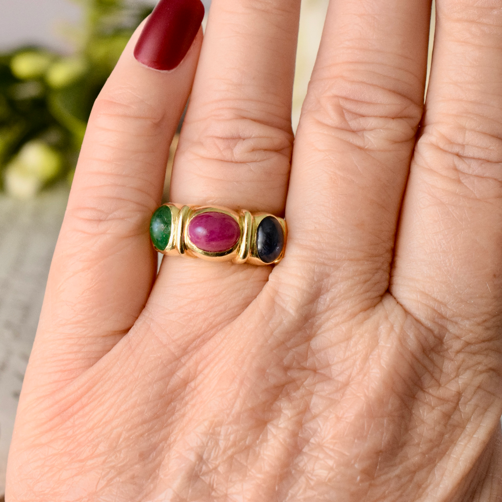 Modern 18ct Yellow Gold Cabochon Ruby-Sapphire-Emerald Ring Independent Insurance Valuation For $4,750 AUD