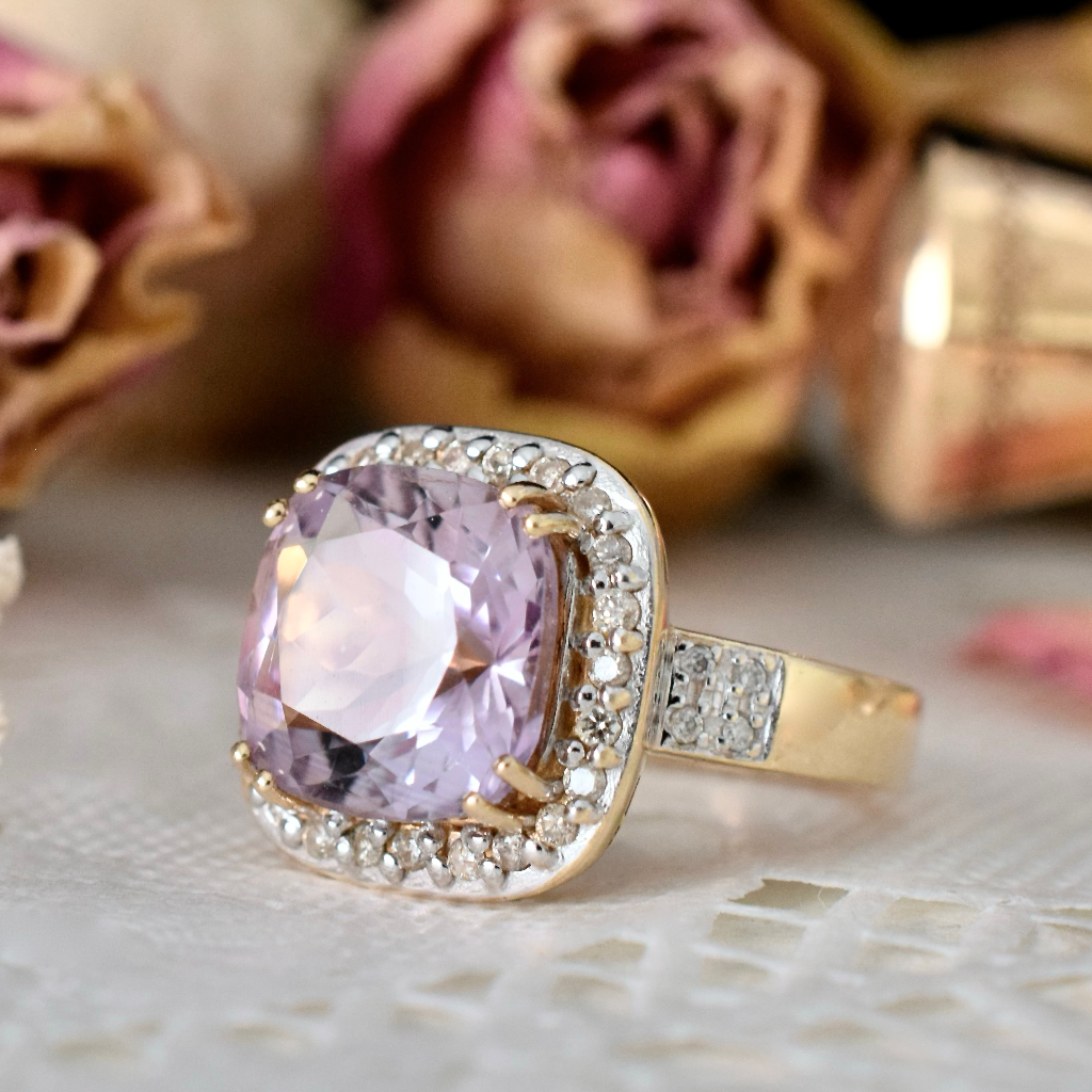 Modern 9ct Yellow Gold Amethyst And Diamond Halo Ring