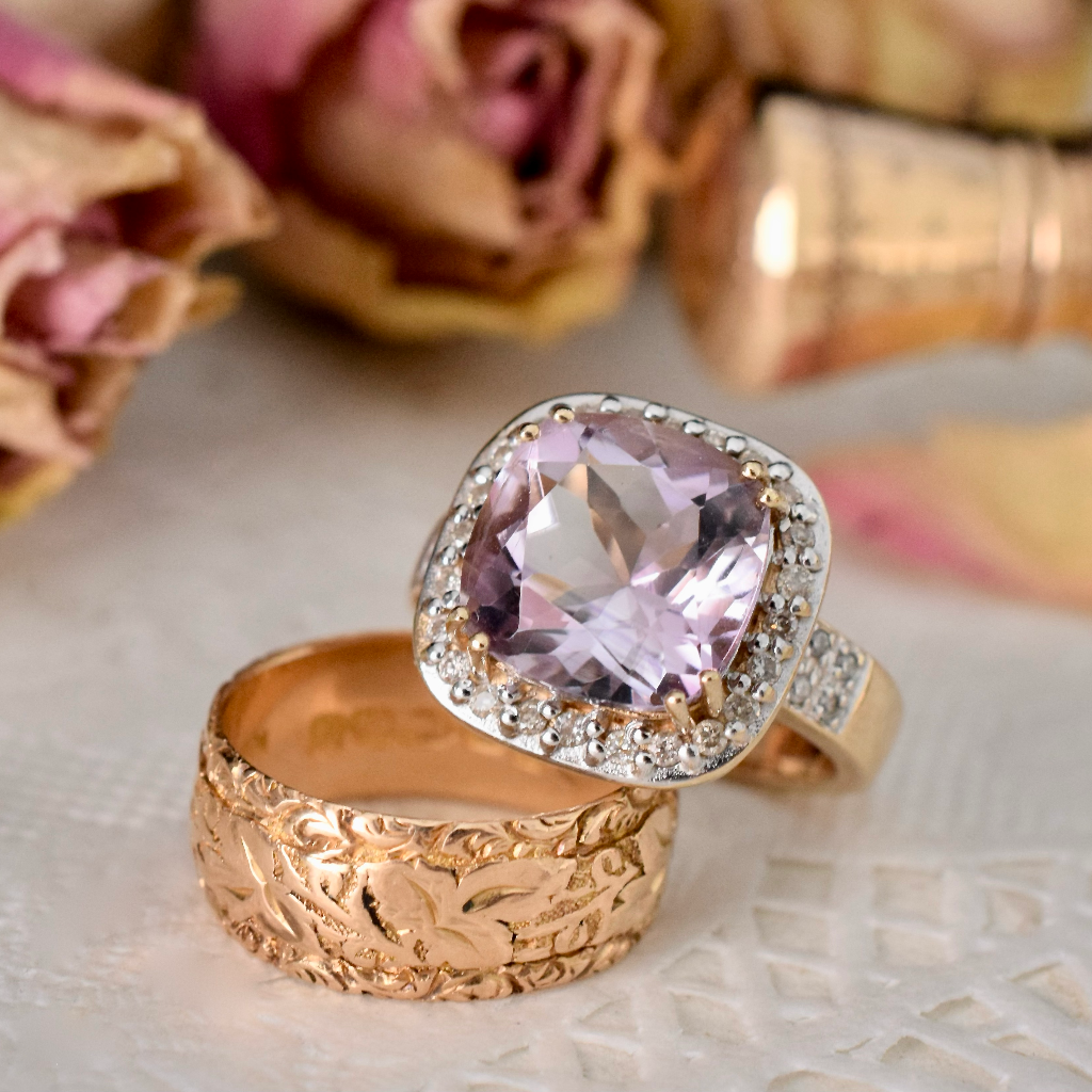 Modern 9ct Yellow Gold Amethyst And Diamond Halo Ring