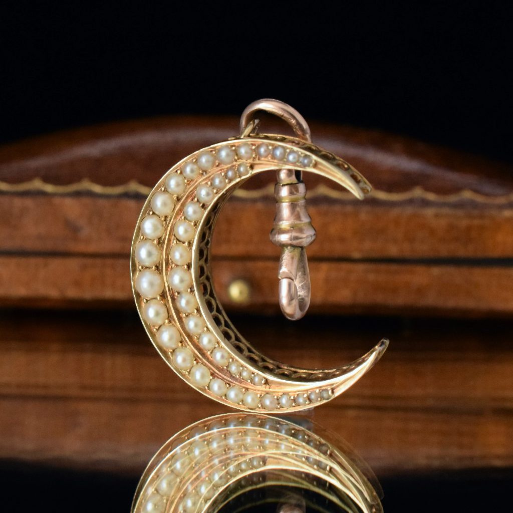 Antique Australian 18ct Rose Gold Seed Pearl Crescent Pendant Circa 1910