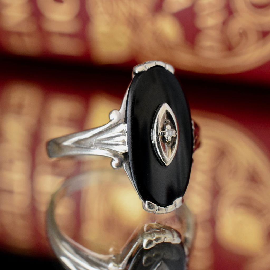 Vintage 10k White Gold Onyx Diamond Ring By Davidson & Sons New York