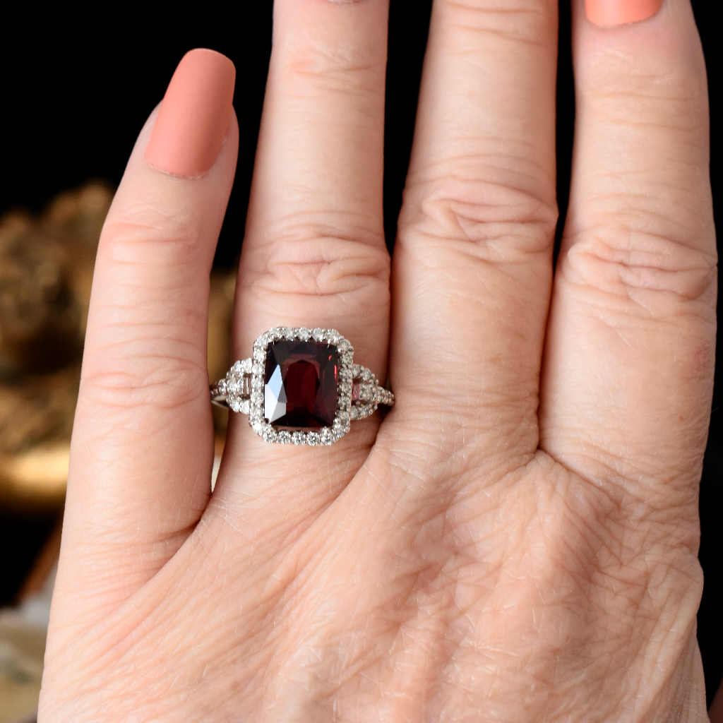 Modern 18ct White Gold Rhodolite Garnet And Diamond Halo Ring Independent Insurance Valuation For $4,400 AUD